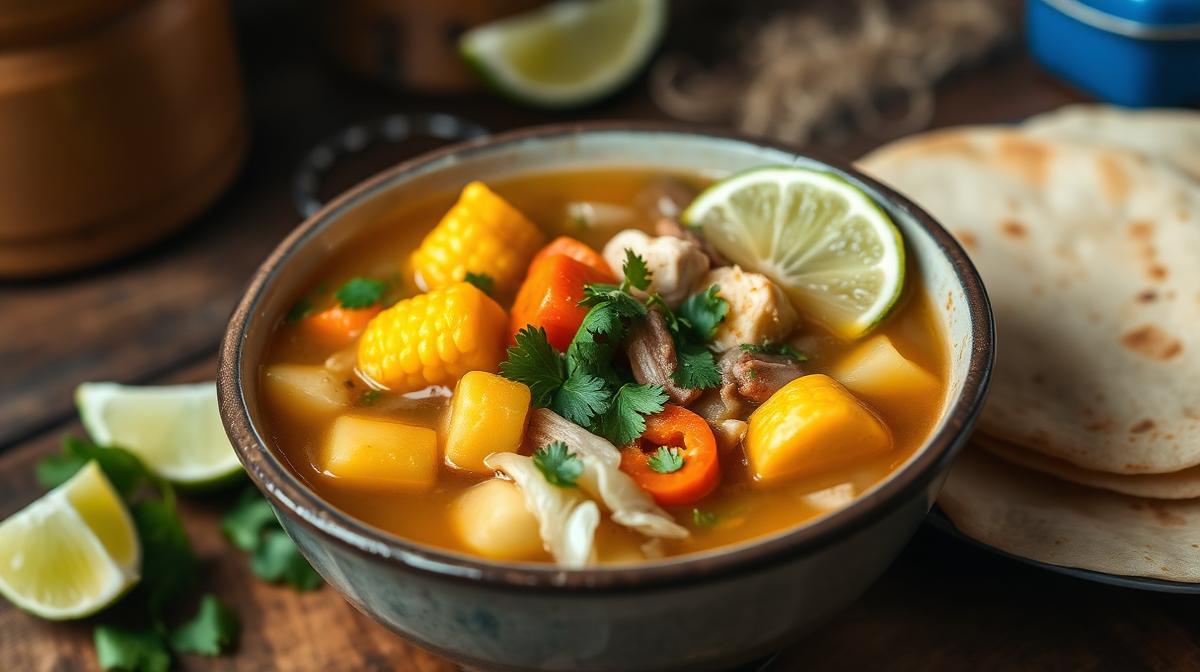 Traditional Mexican caldo de pollo soup with corn, carrots, potatoes, and cilantro