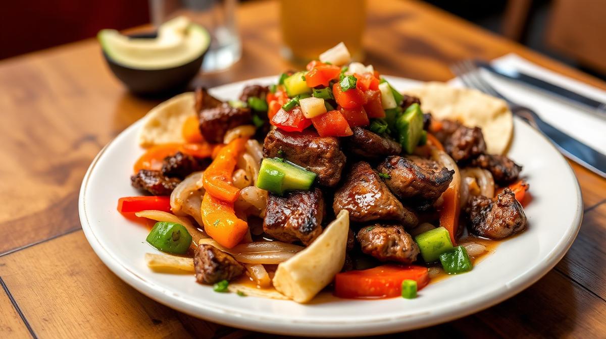 Keto-friendly Mexican food plate with grilled steak, peppers, and fresh salsa